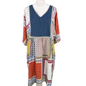 Vermont Country Store L Patchwork Print Short Sleeve Dress Denim Panel Pockets